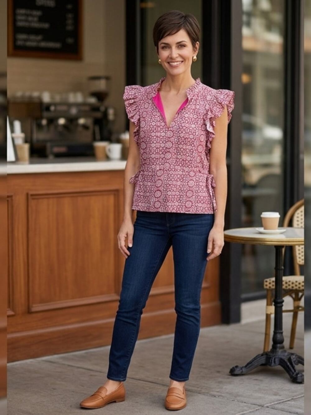 Marie Oliver Pink Ruffle Sleeve V-Neck Side Tie Blouse Women Size XS